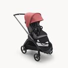 Poussette Bugaboo Dragonfly avec siège, châssis graphite, housse gris chiné et capote rouge sunrise.