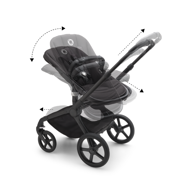 Bugaboo Fox 5 pushchair, with graphics explaining how to use one hand to recline seat, extend footrest or adjust handlebar.