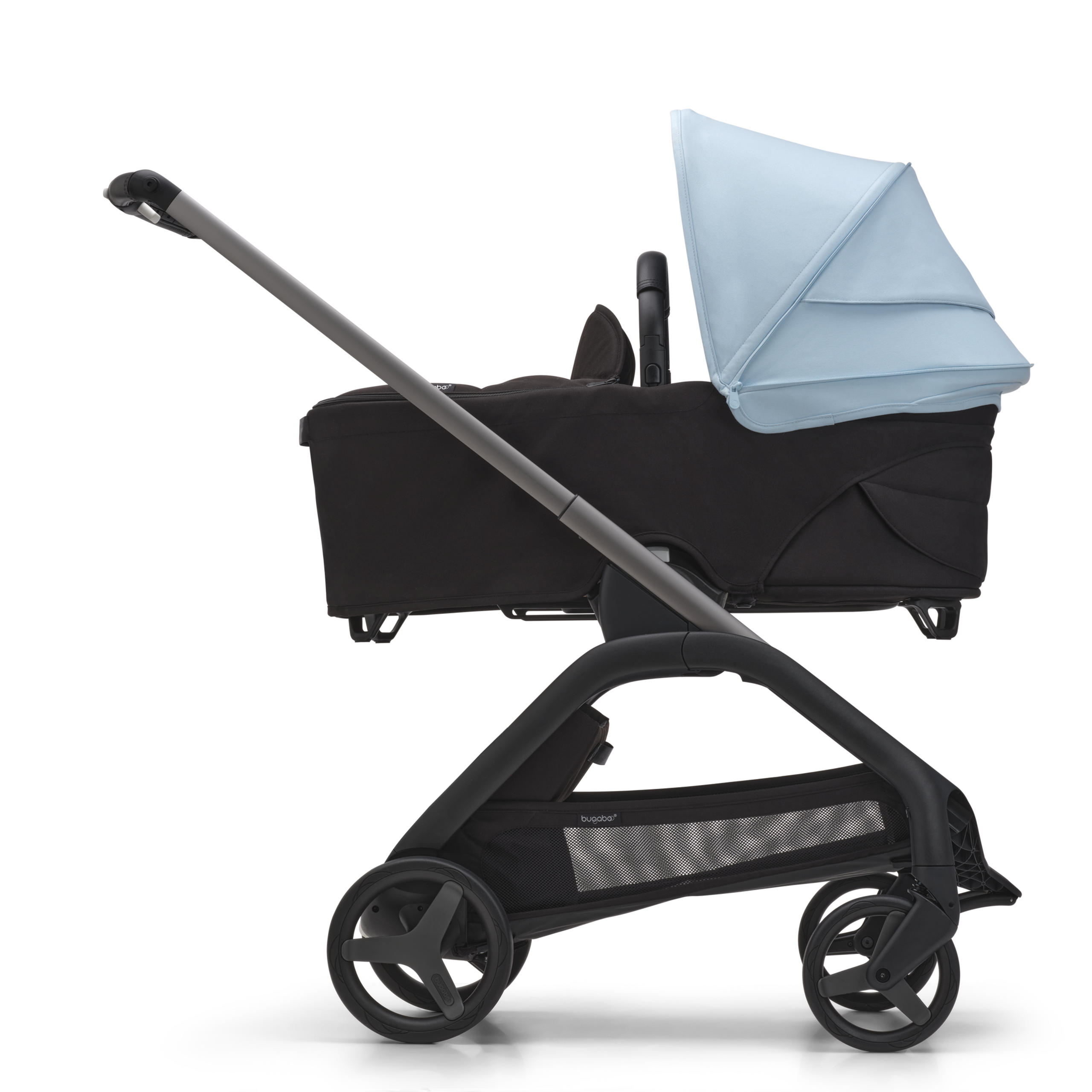 Refurbished Bugaboo Dragonfly bassinet and seat stroller graphite base, midnight black fabrics, skyline blue sun canopy - Thumbnail Slide 3 of 14