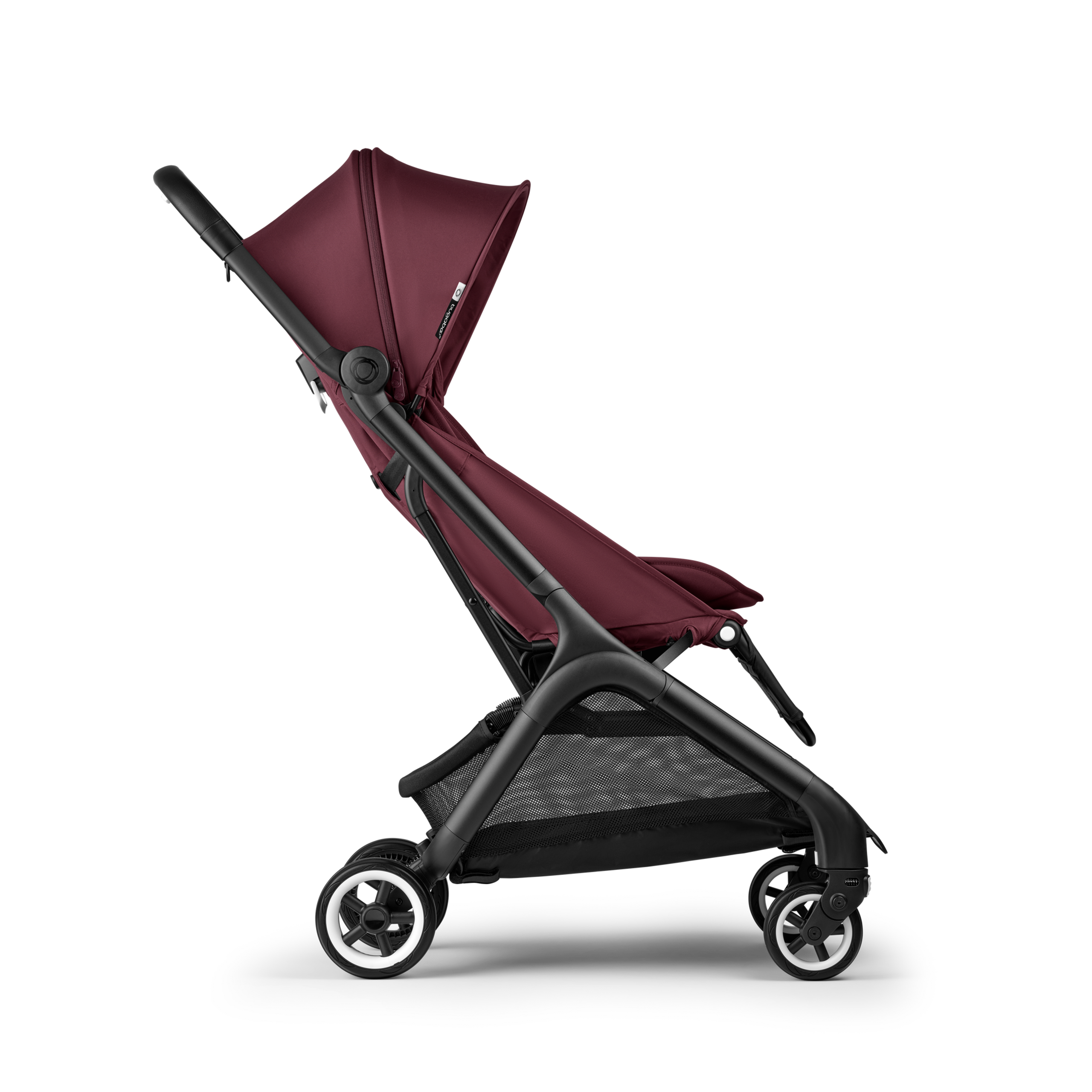 Bugaboo Butterfly bassinet and seat stroller black base, dark cherry red fabrics, dark cherry red sun canopy - Thumbnail Slide 2 of 13