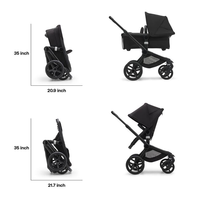 Folded dimensions of the Bugaboo Fox 5 stroller: 35 inches length by 20.9 inches wide with the bassinet, and 35 inches length by 21.7 inches wide with the seat.