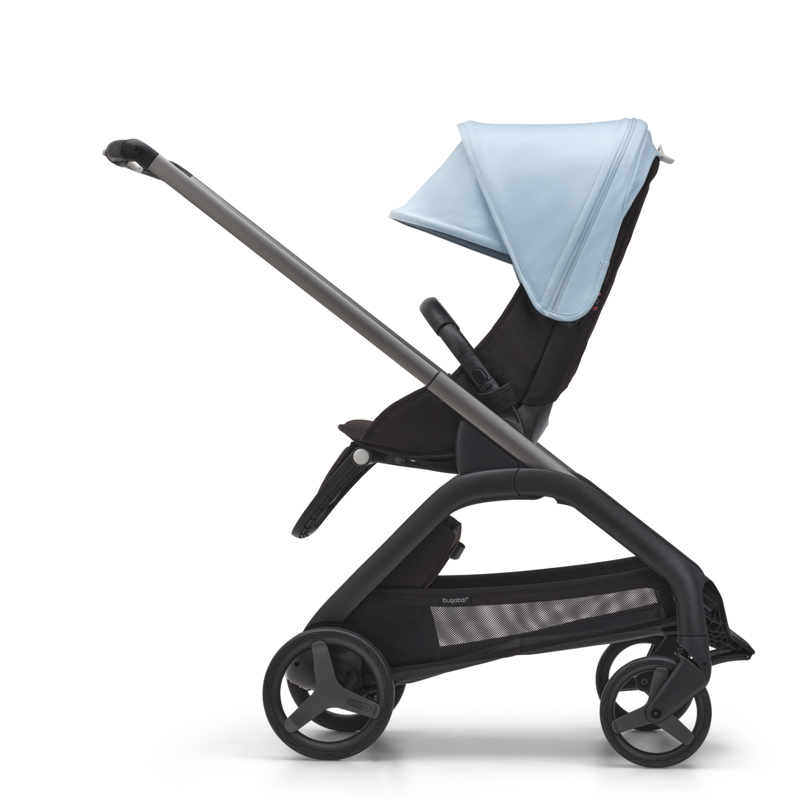 Refurbished Bugaboo Dragonfly bassinet and seat stroller graphite base, midnight black fabrics, skyline blue sun canopy - Thumbnail Slide 2 of 14