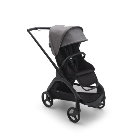Bugaboo Dragonfly seat stroller with black chassis, midnight black fabrics and grey melange sun canopy.