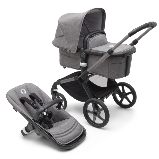 Bugaboo Fox 5 bassinet and seat stroller with graphite chassis, grey melange fabrics and grey melange sun canopy.