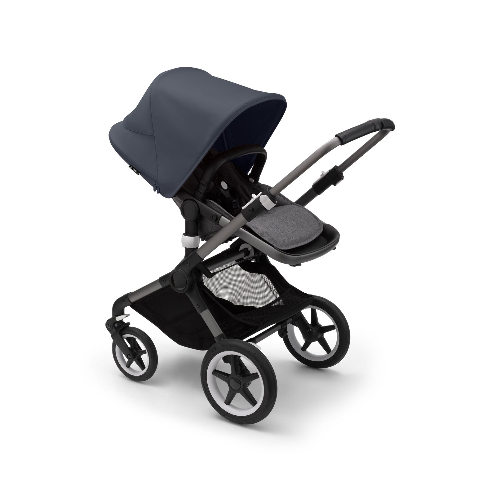 Bugaboo Fox 3 seat stroller with graphite frame, grey fabrics, and stormy blue sun canopy.