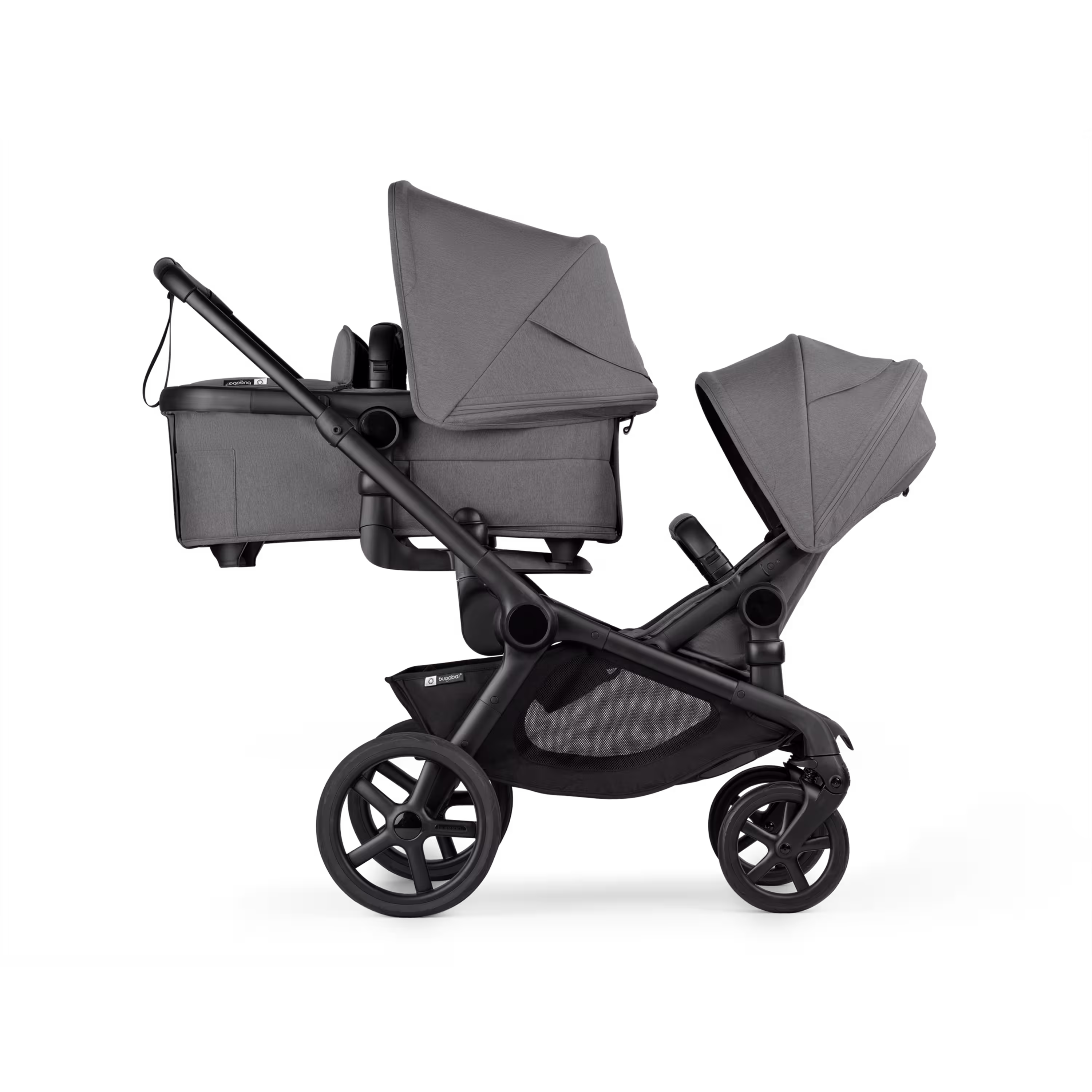 Bugaboo Kangaroo tandem stroller black base, moon grey fabrics, moon grey sun canopy - Main Modal Image Slide 2 of 20