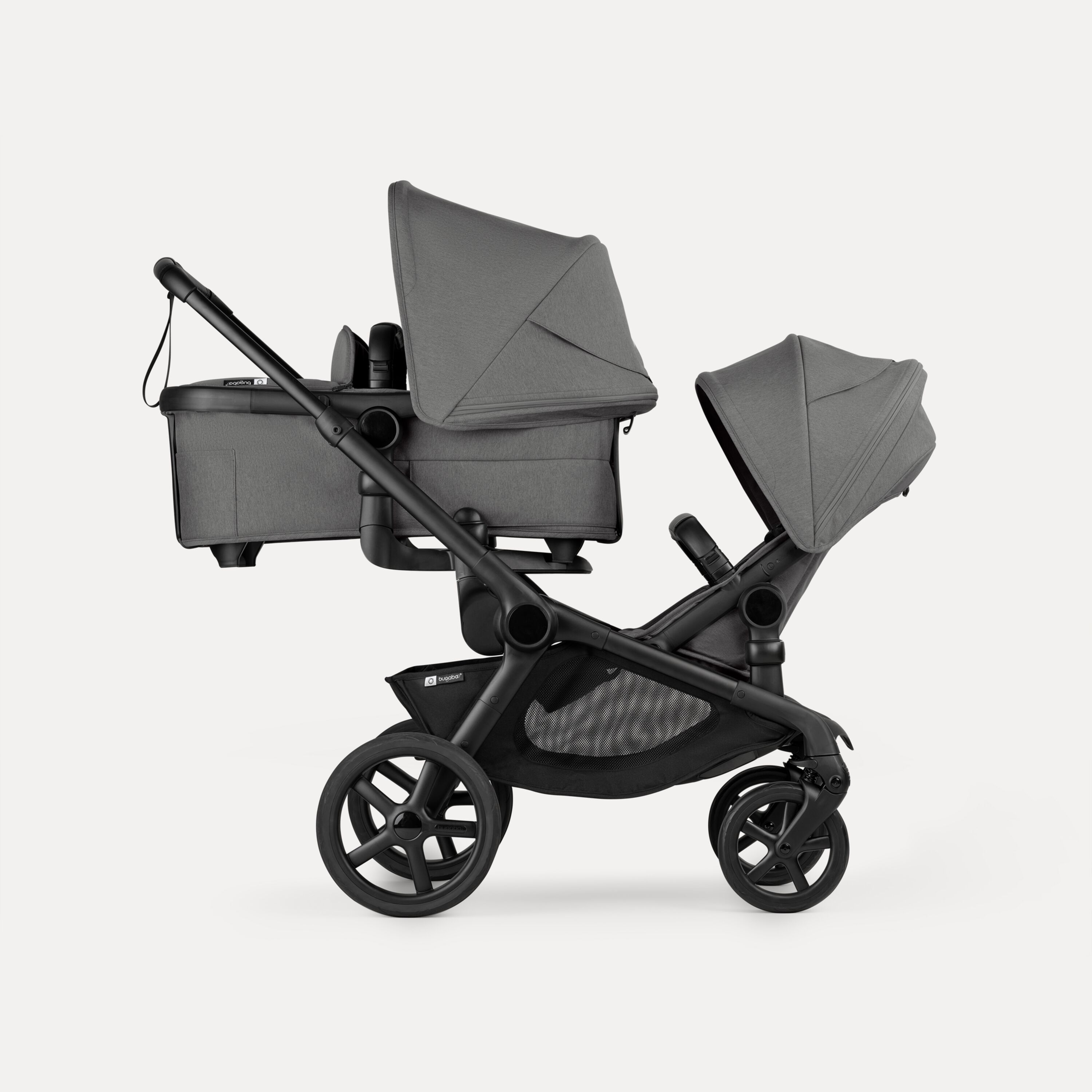 Bugaboo Kangaroo tandem stroller black base, moon grey fabrics, moon grey sun canopy - Main Modal Image Slide 2 of 20