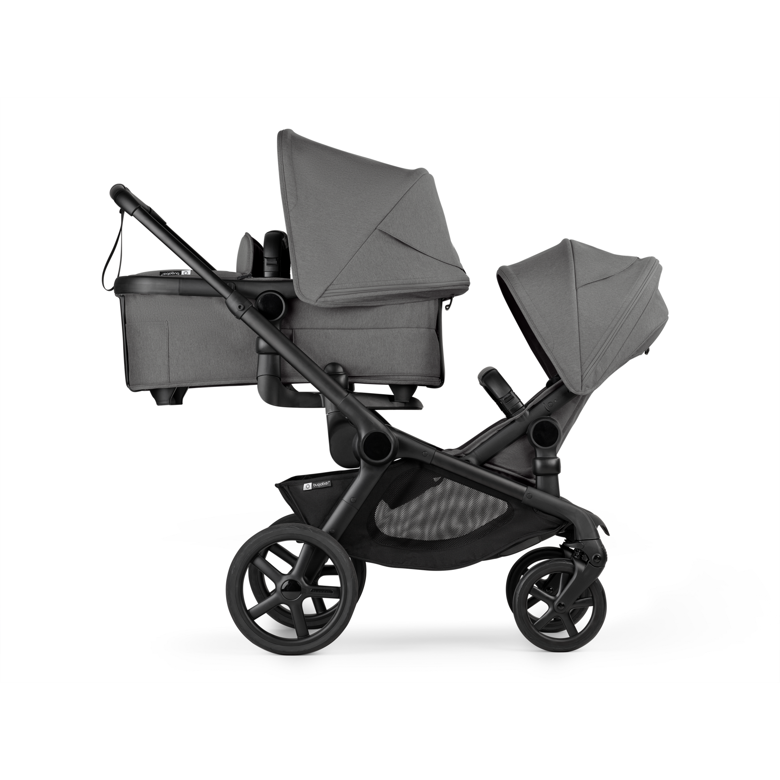 Bugaboo Kangaroo tandem stroller black base, moon grey fabrics, moon grey sun canopy - Thumbnail Slide 1 of 20