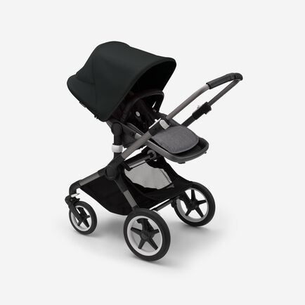Bugaboo Fox 3 seat stroller with graphite frame, grey melange fabrics, and black sun canopy.
