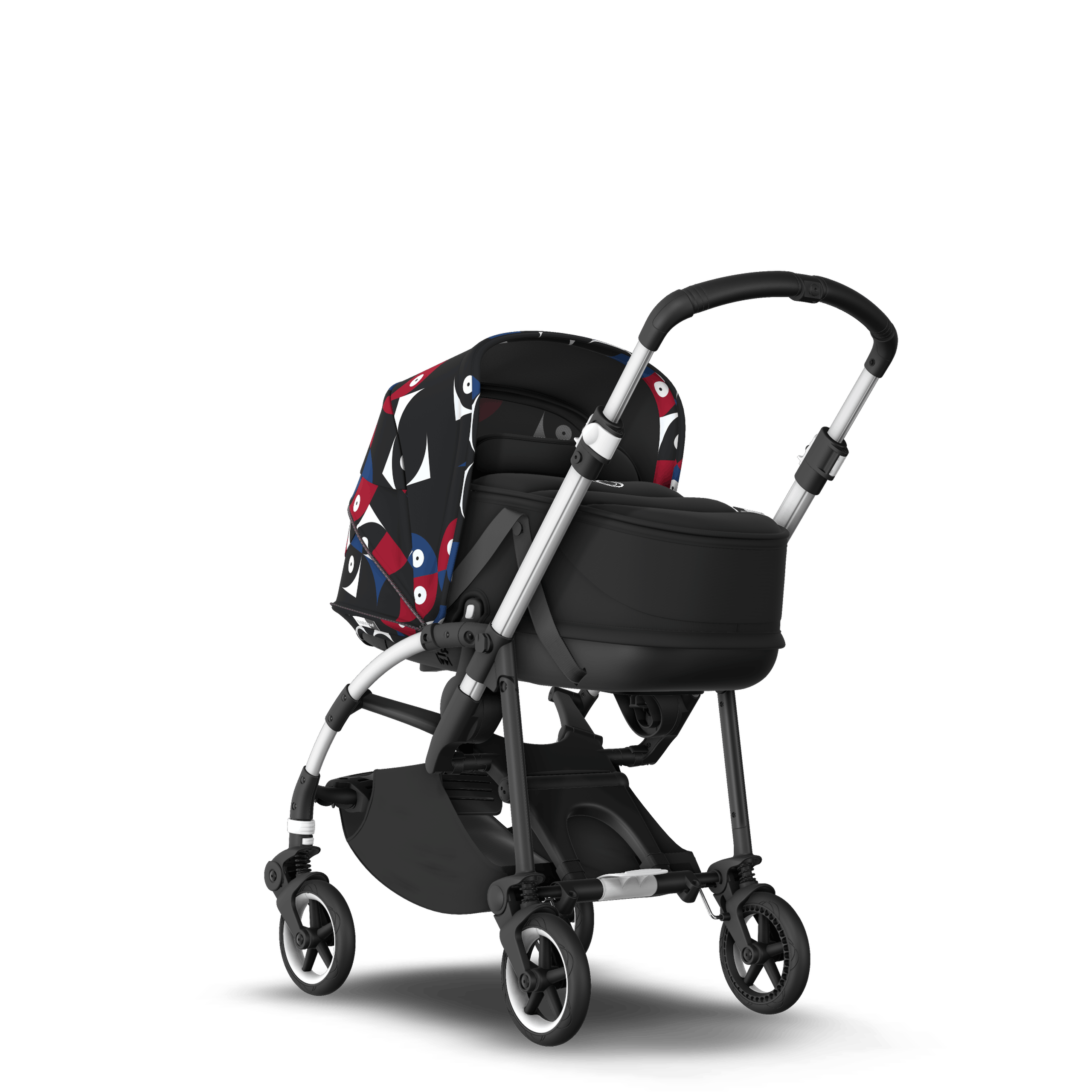 Bugaboo Bee 6 bassinet and seat stroller aluminium base, black fabrics, animal explorer red/blue sun canopy - Thumbnail Slide 1 of 6