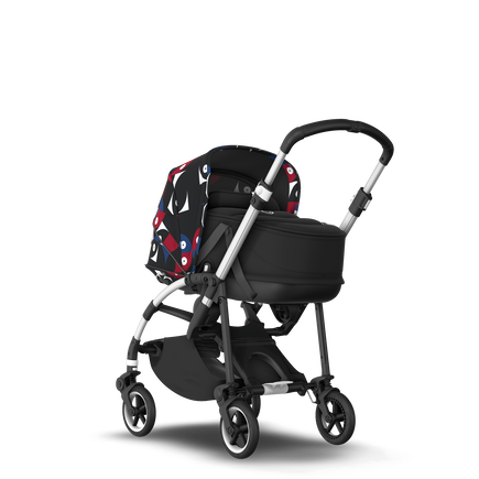 Bugaboo Bee 6 bassinet and seat stroller aluminium base, black fabrics, animal explorer red/blue sun canopy
