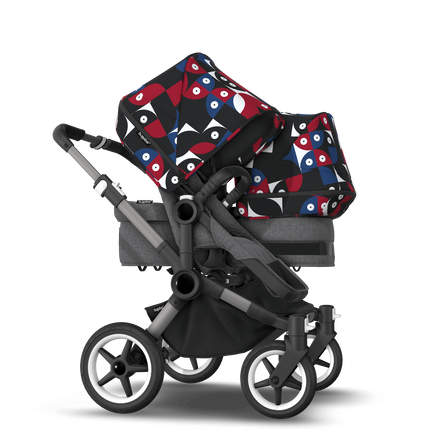 Bugaboo Donkey 5 Duo bassinet and seat stroller graphite base, grey mélange fabrics, animal explorer red/ blue sun canopy - view 2
