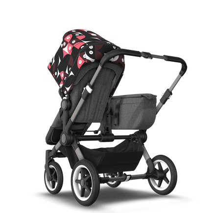 Bugaboo Donkey 5 Mono bassinet and seat stroller graphite base, grey mélange fabrics, animal explorer pink/ red sun canopy