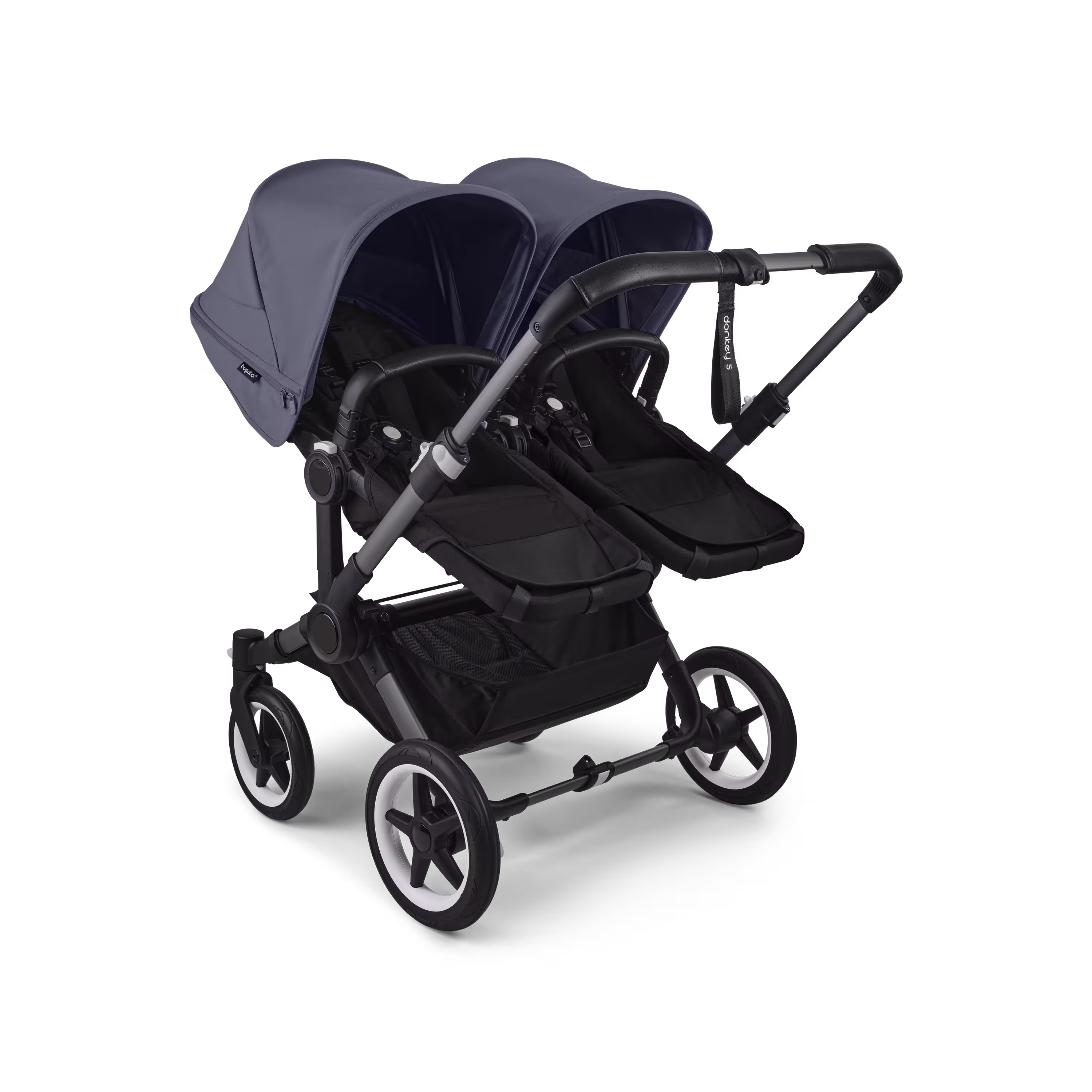 Bugaboo Donkey 5 twin stroller graphite base, midnight black fabrics, stormy blue sun canopy - Main Modal Image Slide 3 of 12