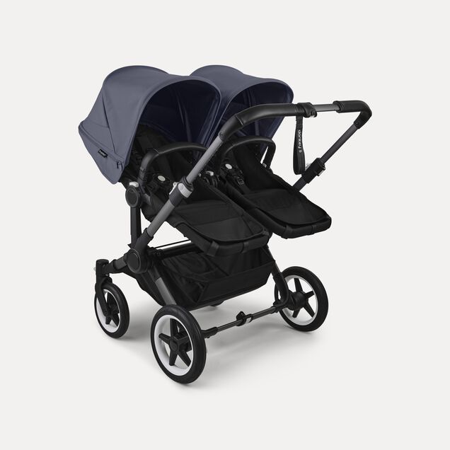 Bugaboo Donkey 5 twin stroller graphite base, midnight black fabrics, stormy blue sun canopy - Main Image Slide 3 of 12