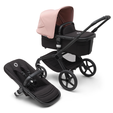 Bugaboo Fox 5 bassinet and seat pram with black chassis, midnight black fabrics and morning pink sun canopy.