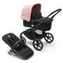Bugaboo Fox 5 bassinet and seat pram with black chassis, midnight black fabrics and morning pink sun canopy. - Thumbnail Modal Image Slide 1 of 13