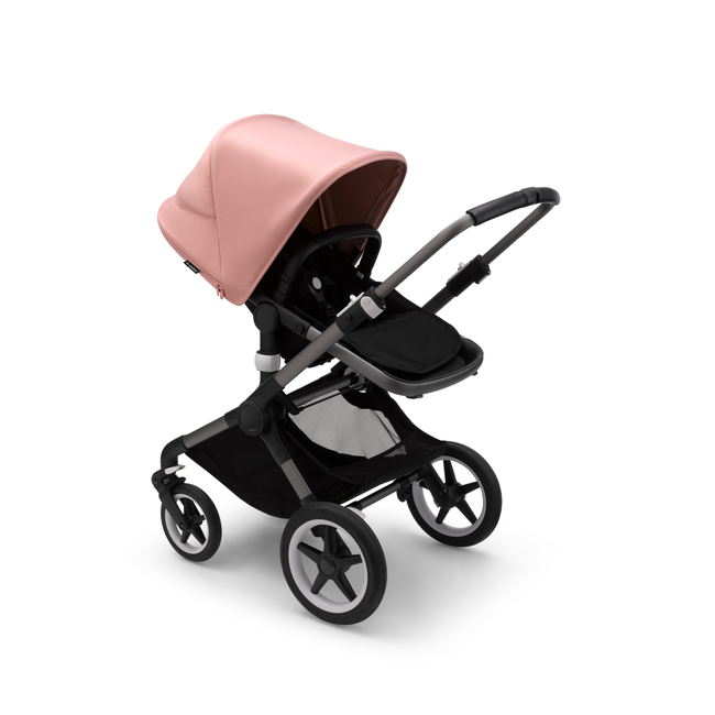 Bugaboo Fox 3 seat stroller with graphite frame, black fabrics, and pink sun canopy.