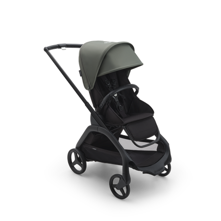 Bugaboo Dragonfly seat stroller with black chassis, midnight black fabrics and forest green sun canopy.