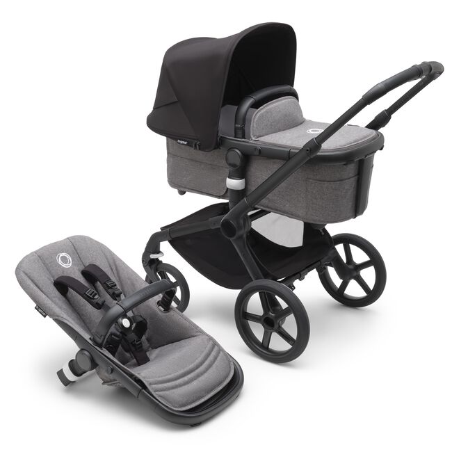 Bugaboo Fox 5 bassinet and seat pram with black chassis, grey melange fabrics and midnight black sun canopy. - Main Image Slide 1 of 13