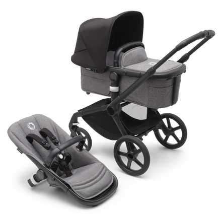 Bugaboo Fox 5 bassinet and seat pram with black chassis, grey melange fabrics and midnight black sun canopy.