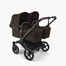 Bugaboo Donkey 6 twin pushchair black base, cocoa brown fabrics, cocoa brown sun canopy