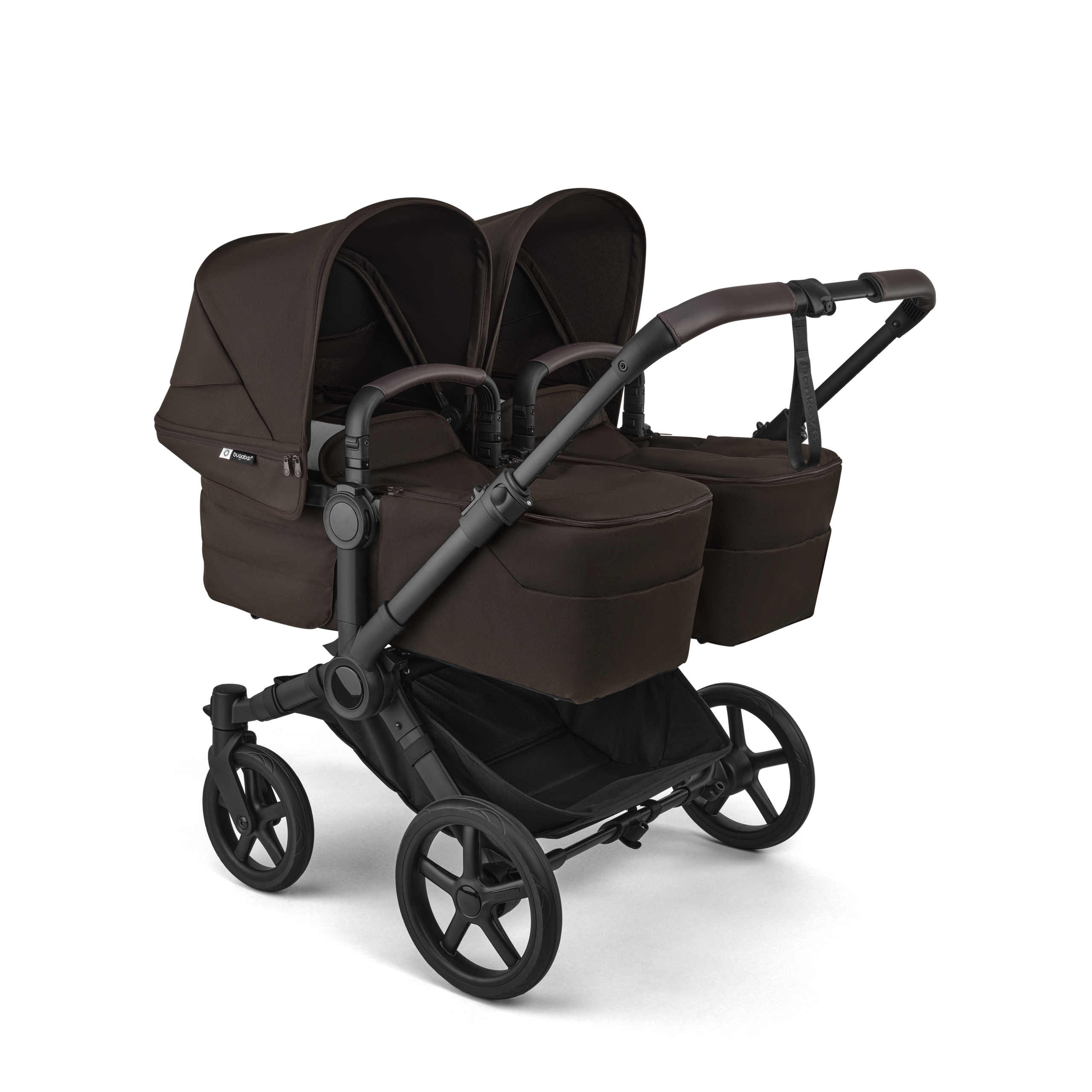 Bugaboo Donkey 6 twin pushchair black base, cocoa brown fabrics, cocoa brown sun canopy - Thumbnail Slide 1 of 9