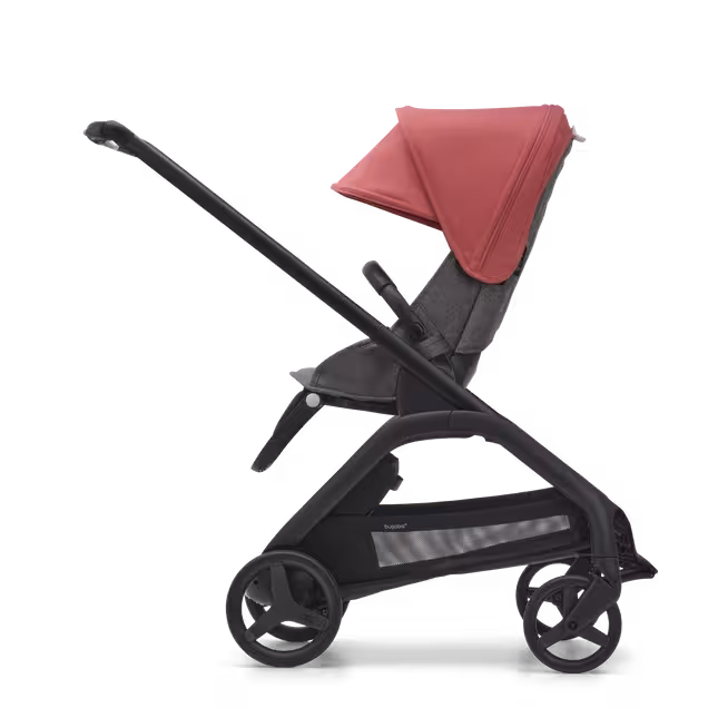 Side view of the Bugaboo Dragonfly seat stroller with black chassis, grey melange fabrics and sunrise red sun canopy. - Main Image Slide 2 of 15