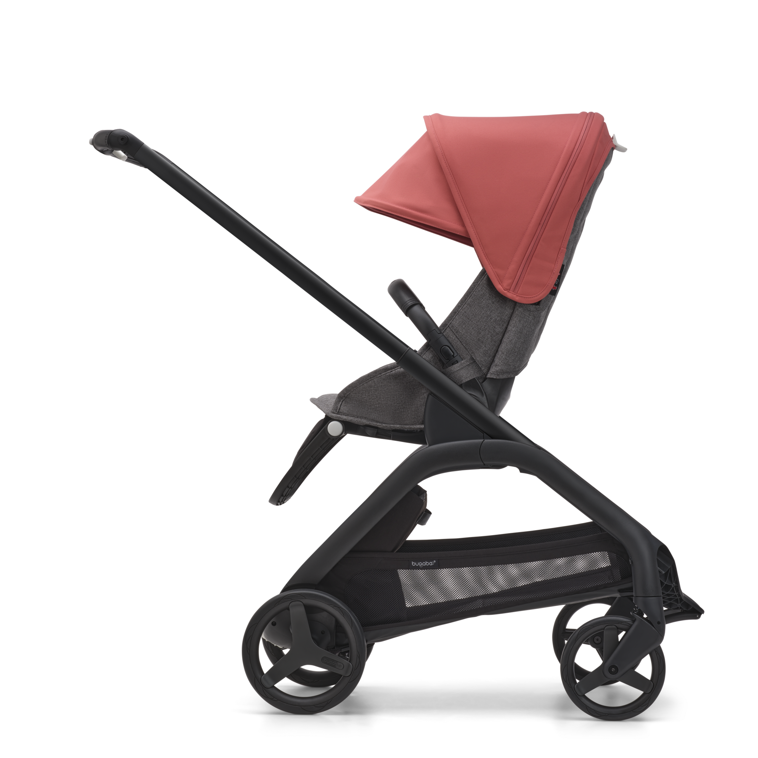 Side view of the Bugaboo Dragonfly seat stroller with black chassis, grey melange fabrics and sunrise red sun canopy. - Thumbnail Slide 2 of 15