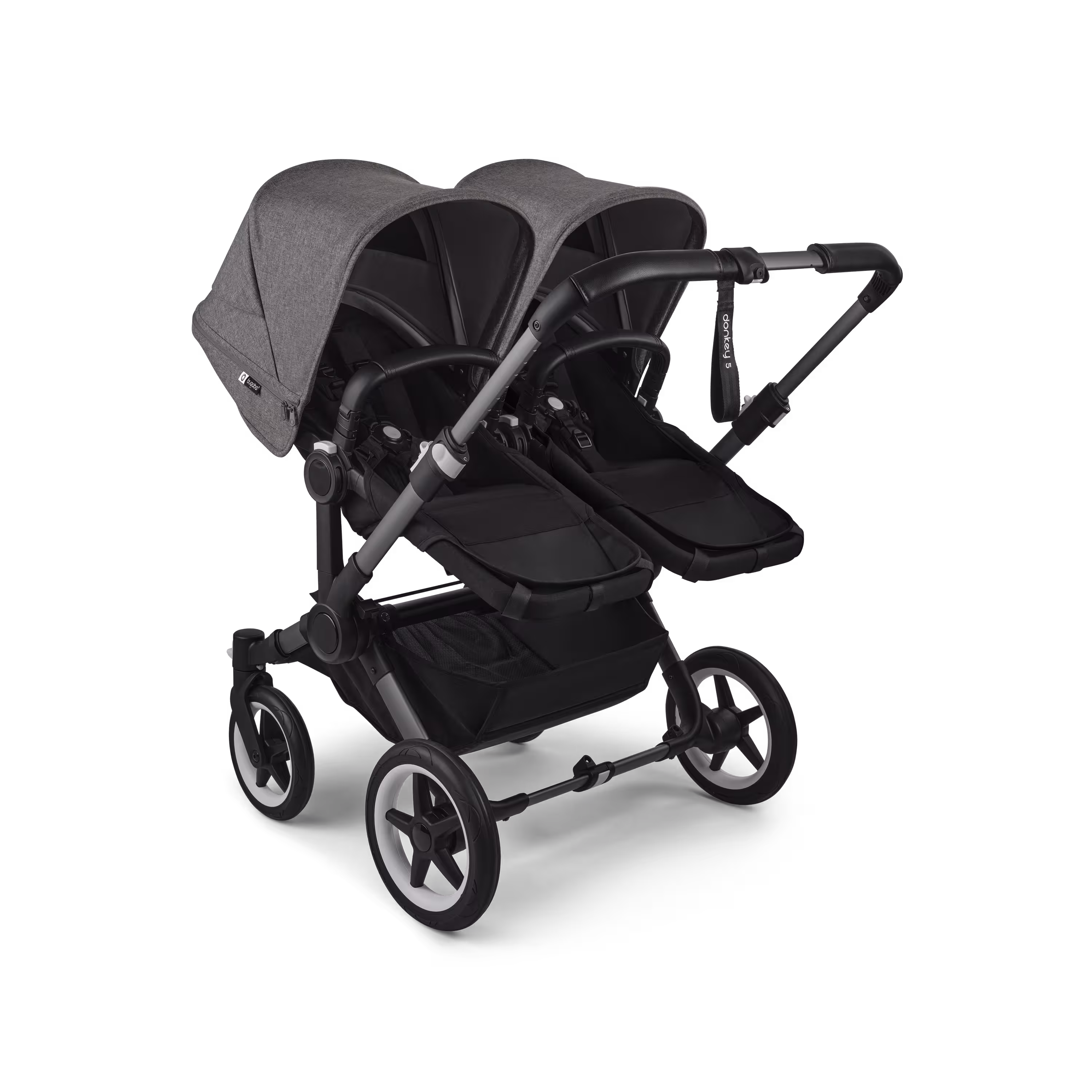 Bugaboo Donkey 5 twin stroller graphite base, midnight black fabrics, grey mélange sun canopy - Main Modal Image Slide 3 of 12