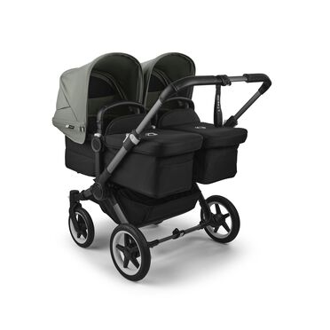 Bugaboo Donkey 5 twin stroller graphite base, midnight black fabrics, forest green sun canopy