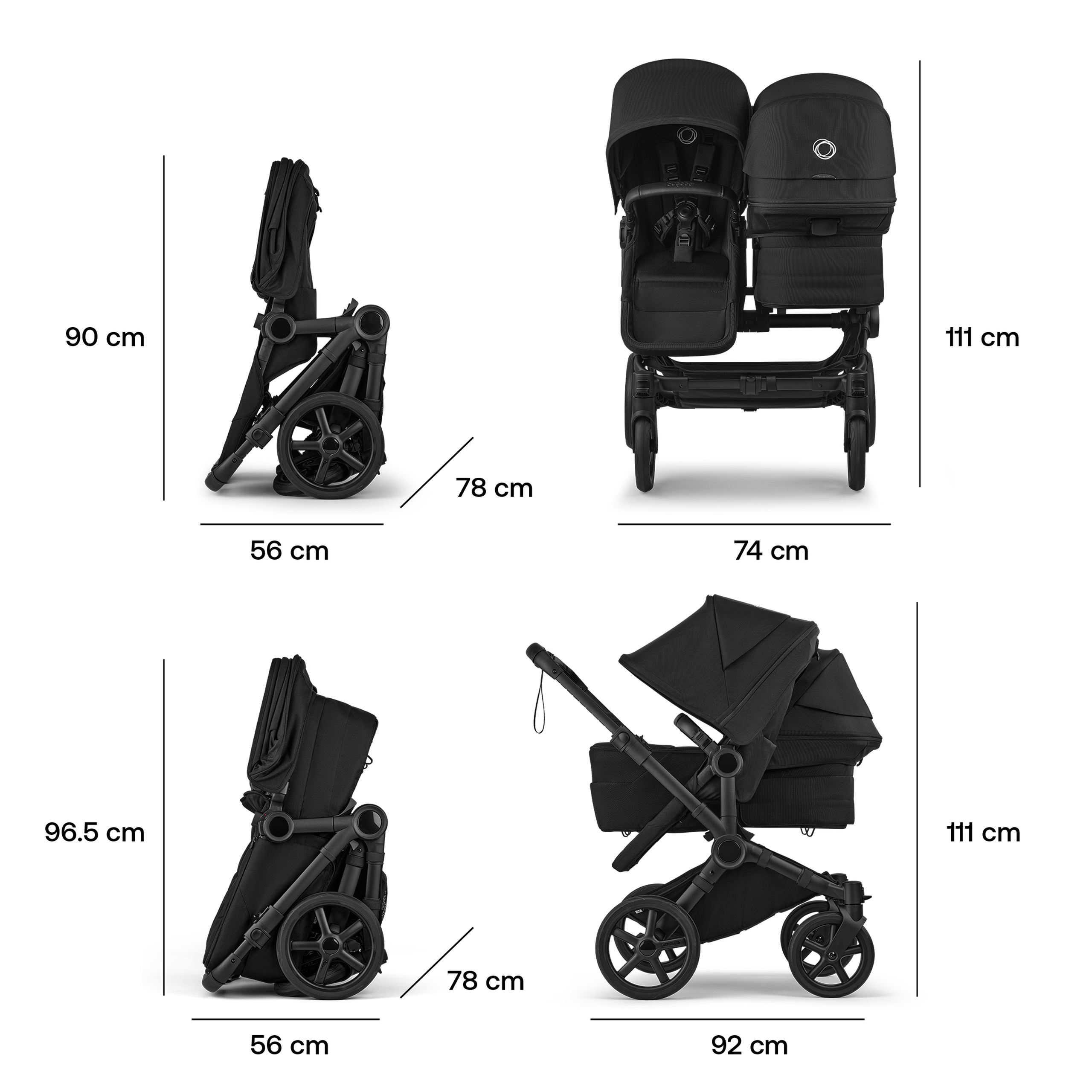 Bugaboo Donkey 6 double stroller black base, heritage black fabrics, misty white sun canopy - Thumbnail Slide 7 of 10