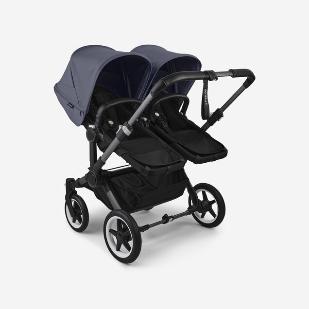 Bugaboo Donkey 5 twin stroller graphite base, midnight black fabrics, stormy blue sun canopy - Main Image Slide 3 of 12