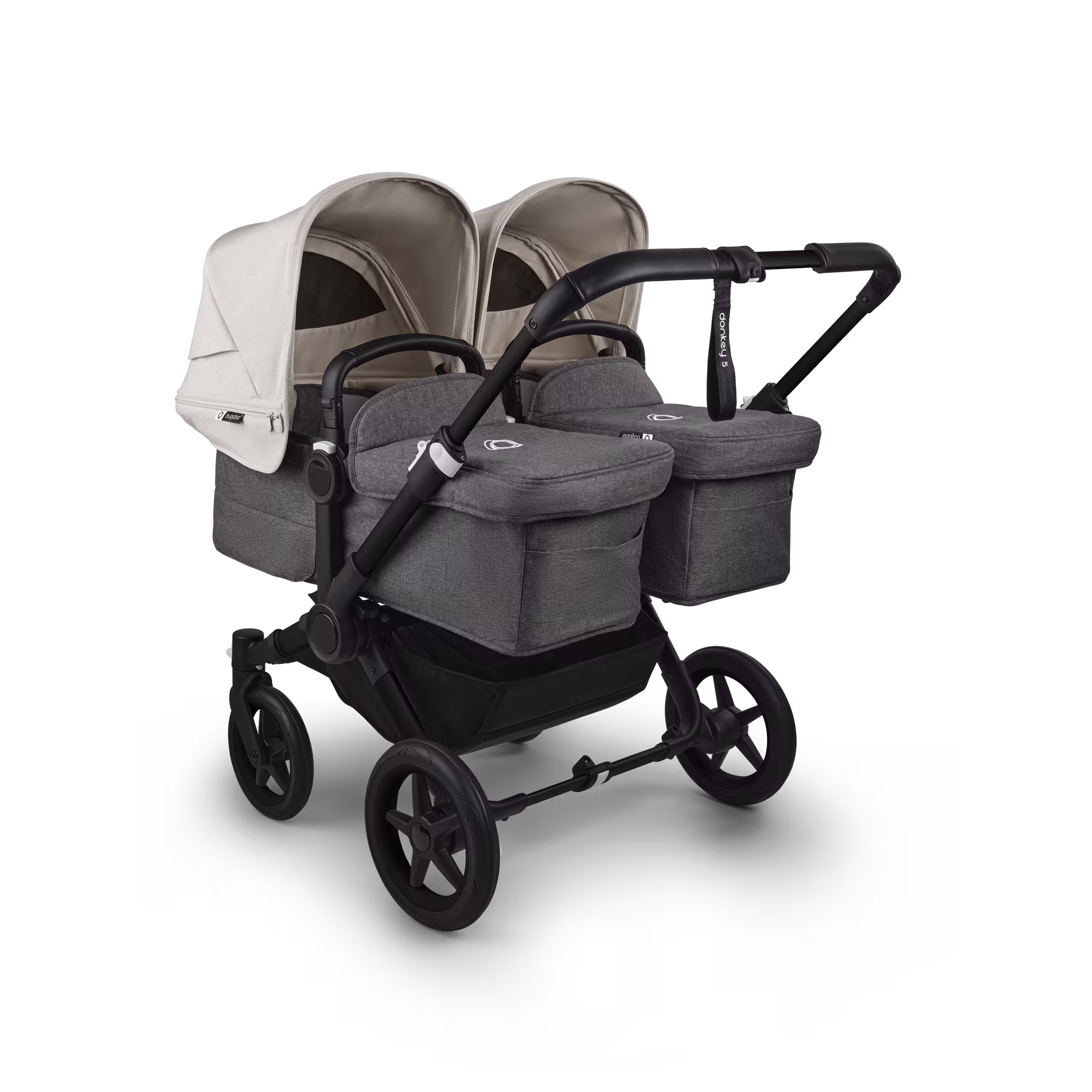 Bugaboo Donkey 5 twin stroller black base, grey mélange fabrics, misty white sun canopy - Main Modal Image Slide 1 of 12