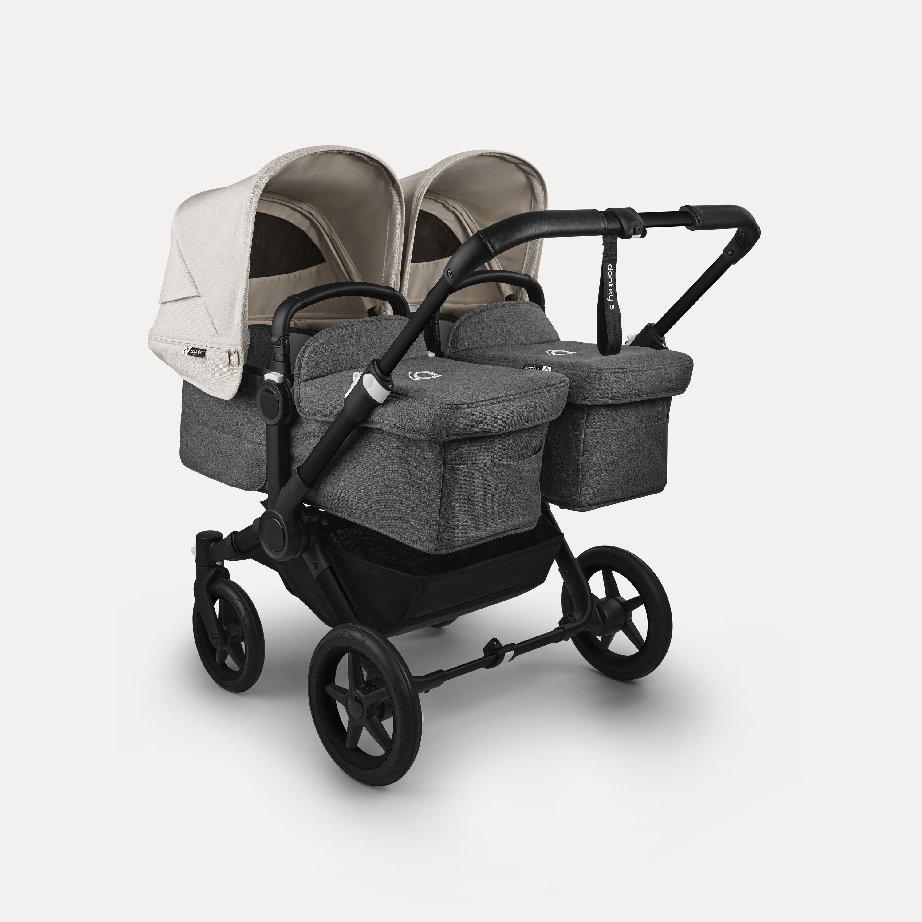 Bugaboo Donkey 5 twin stroller black base, grey mélange fabrics, misty white sun canopy - Main Modal Image Slide 1 of 12
