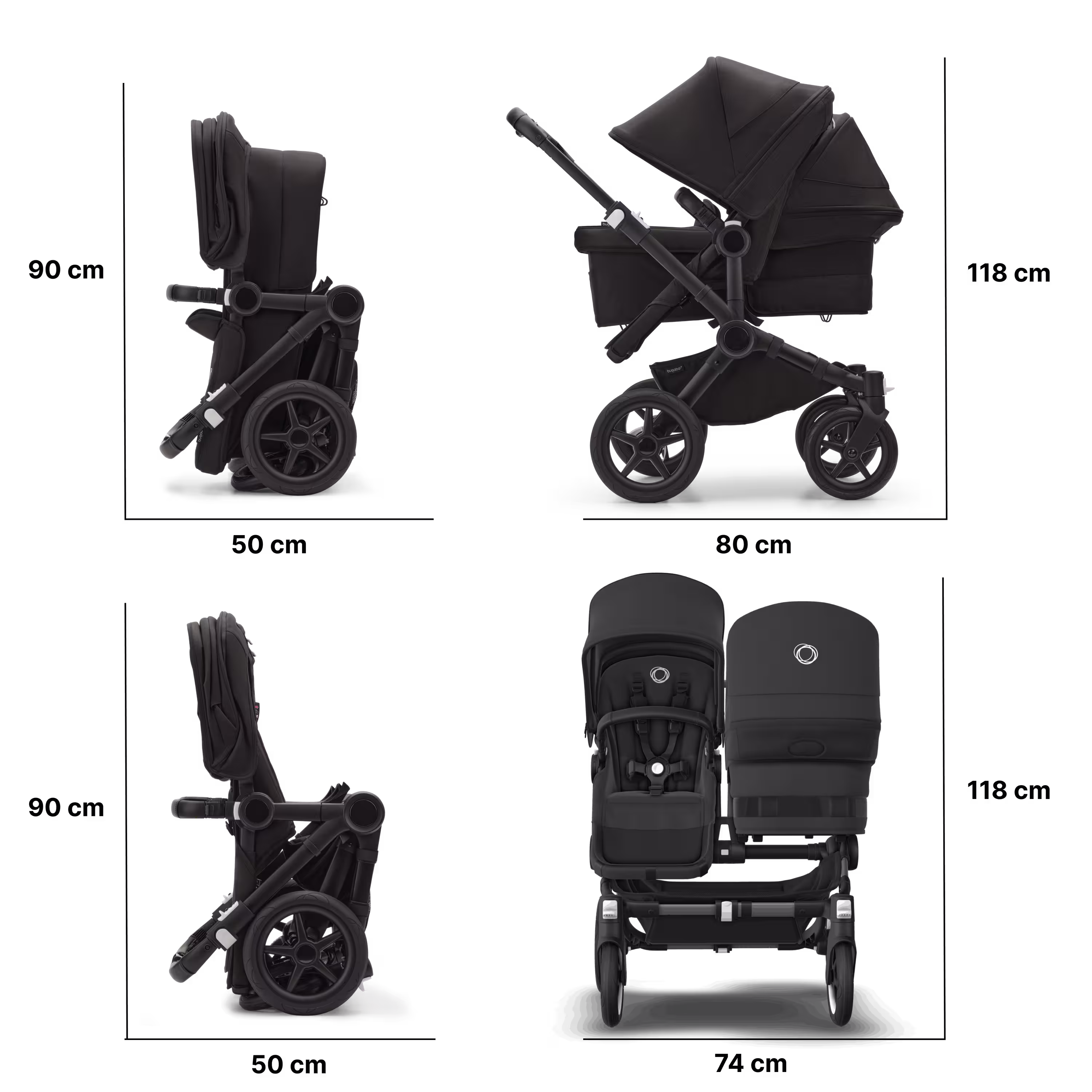 Bugaboo Donkey 5 twin stroller graphite base, midnight black fabrics, art of discovery dark blue sun canopy - Main Modal Image Slide 10 of 12