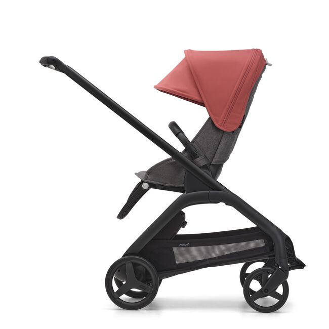 Side view of the Bugaboo Dragonfly seat stroller with black chassis, grey melange fabrics and sunrise red sun canopy. - Main Image Slide 3 of 18