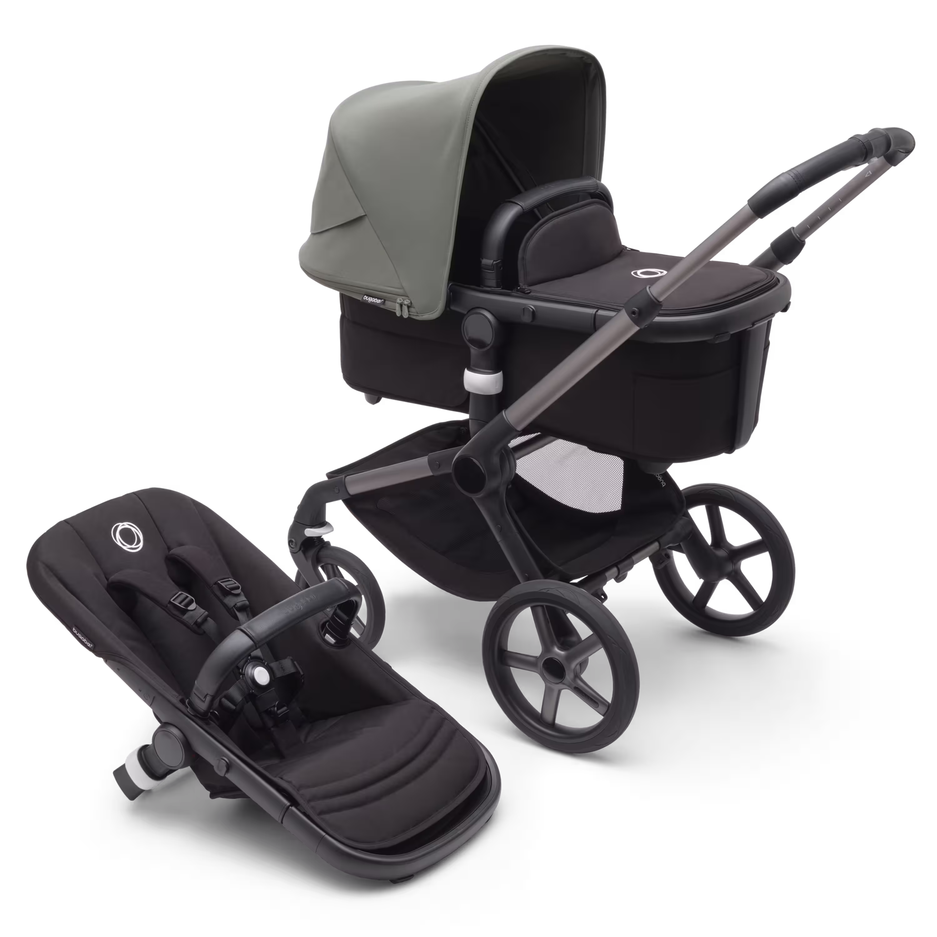 Refurbished Bugaboo Fox 5 bassinet and seat stroller graphite base, midnight black fabrics, forest green sun canopy - Main Modal Image Slide 1 of 10