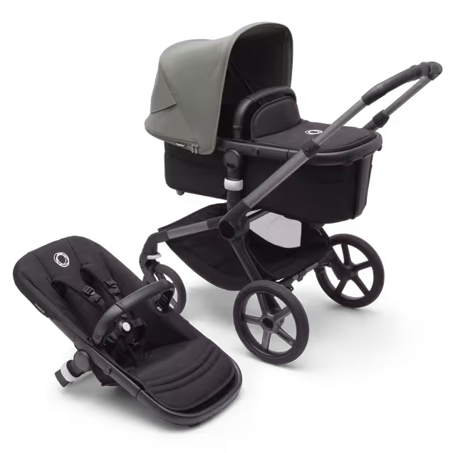 Refurbished Bugaboo Fox 5 bassinet and seat stroller graphite base, midnight black fabrics, forest green sun canopy - Main Image Slide 1 of 10