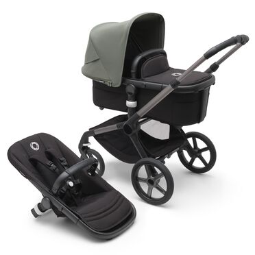 Refurbished Bugaboo Fox 5 bassinet and seat stroller graphite base, midnight black fabrics, forest green sun canopy