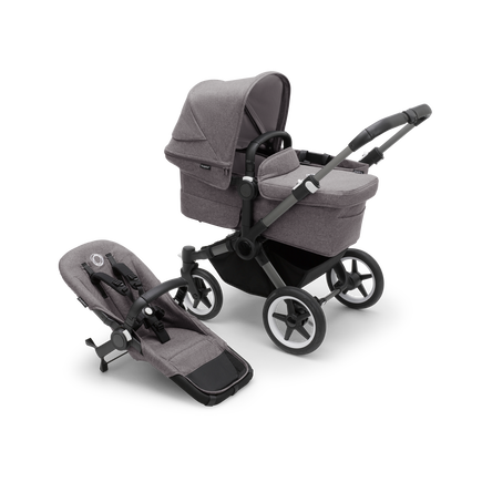 Bugaboo Donkey 5 Mono bassinet stroller with graphite chassis, grey melange fabrics and grey melange sun canopy, plus seat. - view 1