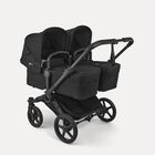 Bugaboo Donkey 6 twin stroller black base, heritage black fabrics, heritage black sun canopy