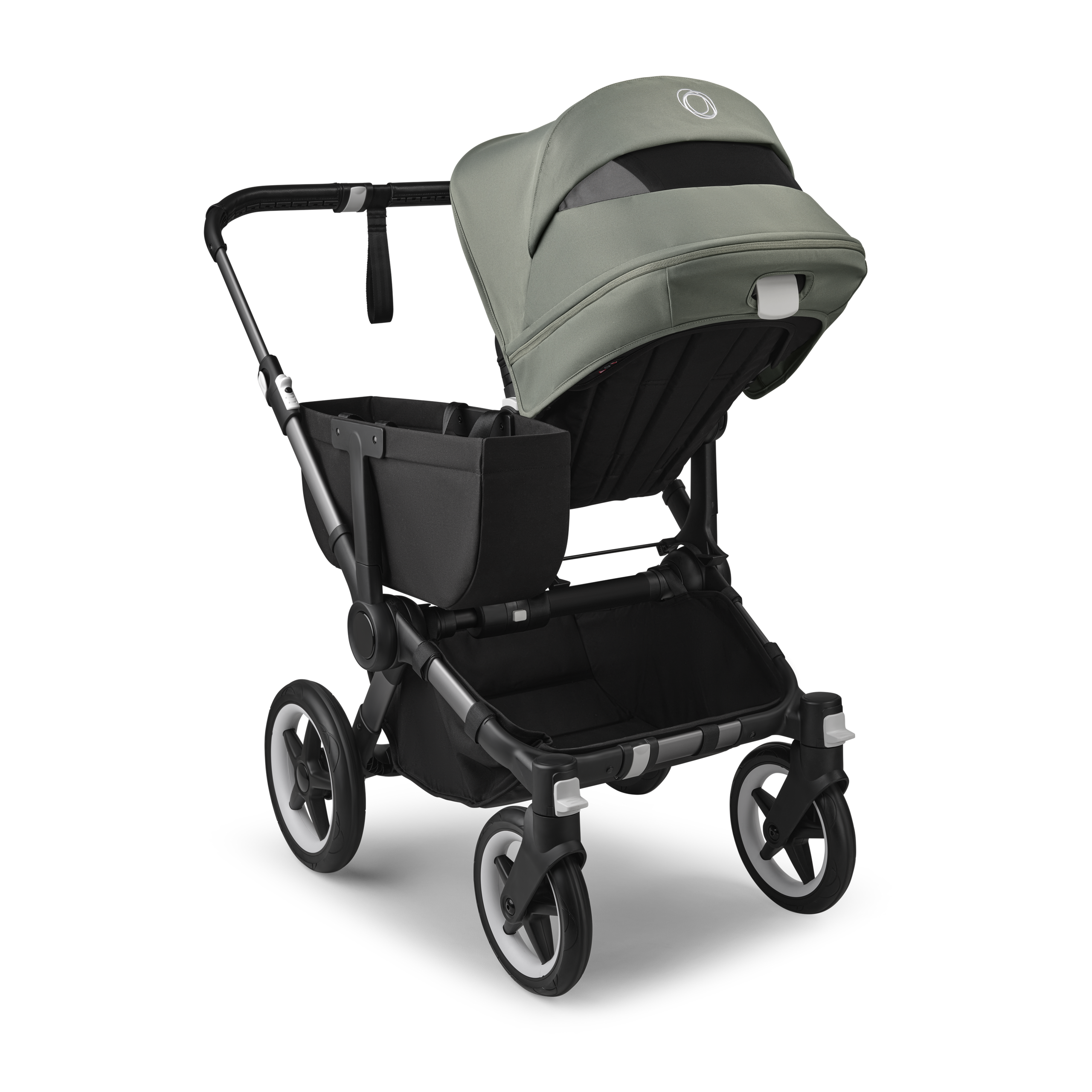 Refurbished Bugaboo Donkey 5 Mono bassinet and seat stroller graphite base, midnight black fabrics, forest green sun canopy - Thumbnail Slide 4 of 10
