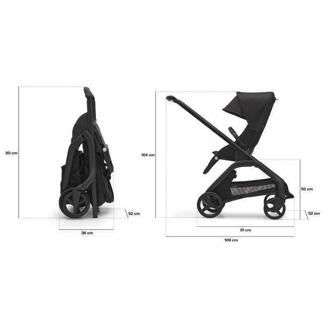 Dimensions of the Bugaboo Dragonfly pushchair with seat: Folded dimensions: 36 x 52 x 90 cm. In-use dimensions: 106 x 52 x 104 cm. Seat height: 50 cm.