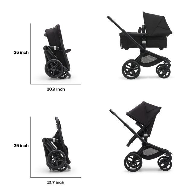 Folded dimensions of the Bugaboo Fox 5 stroller: 35 inches length by 20.9 inches wide with the bassinet, and 35 inches length by 21.7 inches wide with the seat.