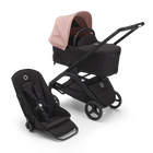 Poussette siège et nacelle Bugaboo Dragonfly avec châssis noir, habillages nuit noire et capote rose matinée.