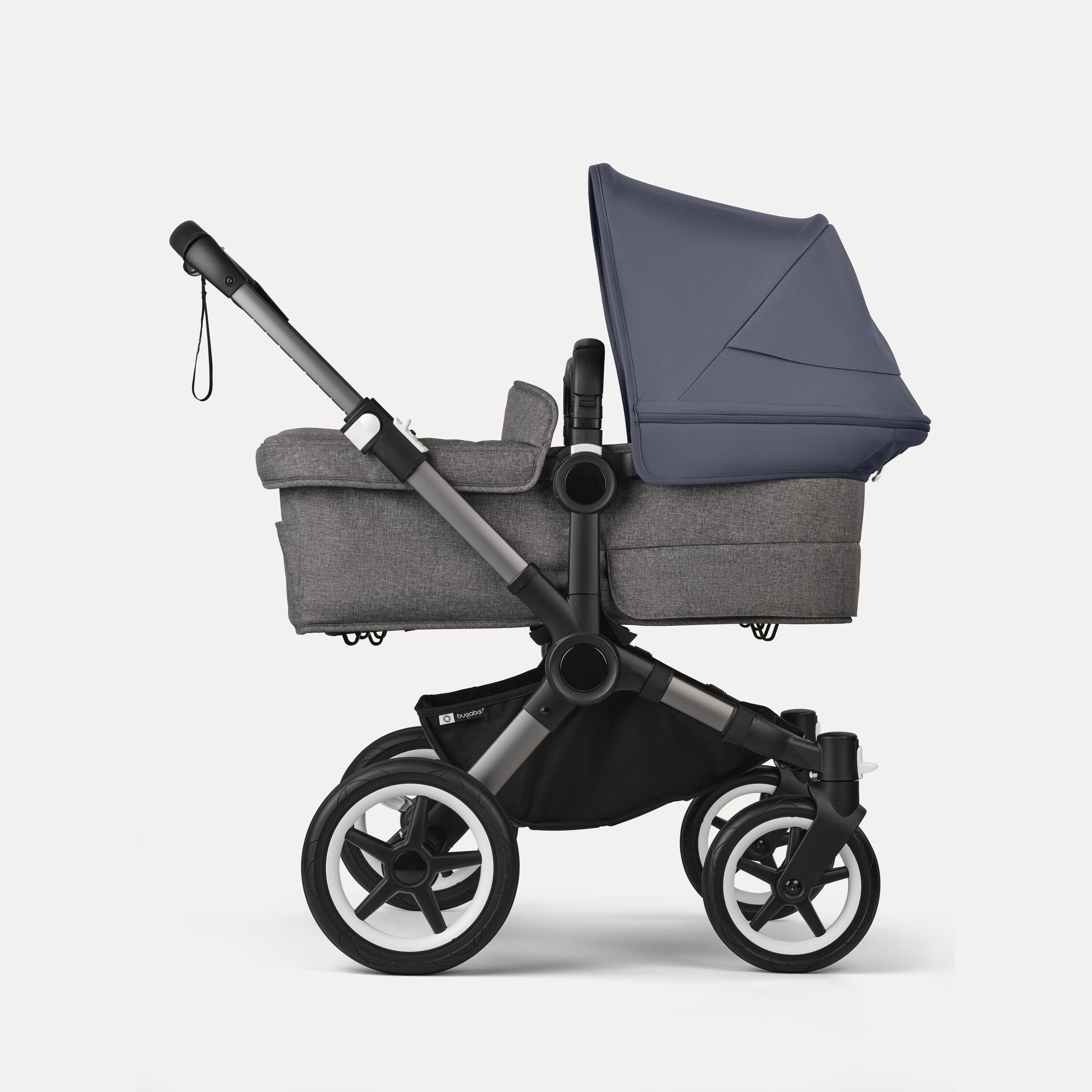 Bugaboo Donkey 5 twin stroller graphite base, grey mélange fabrics, stormy blue sun canopy - Main Modal Image Slide 2 of 12