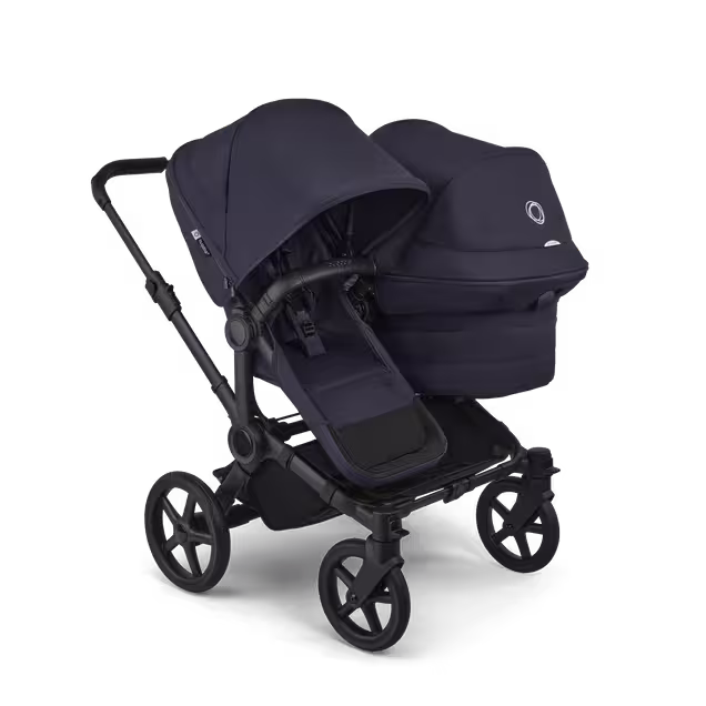 Bugaboo Donkey 6 double stroller black base, deep indigo fabrics, deep indigo sun canopy  - Main Image Slide 1 of 10