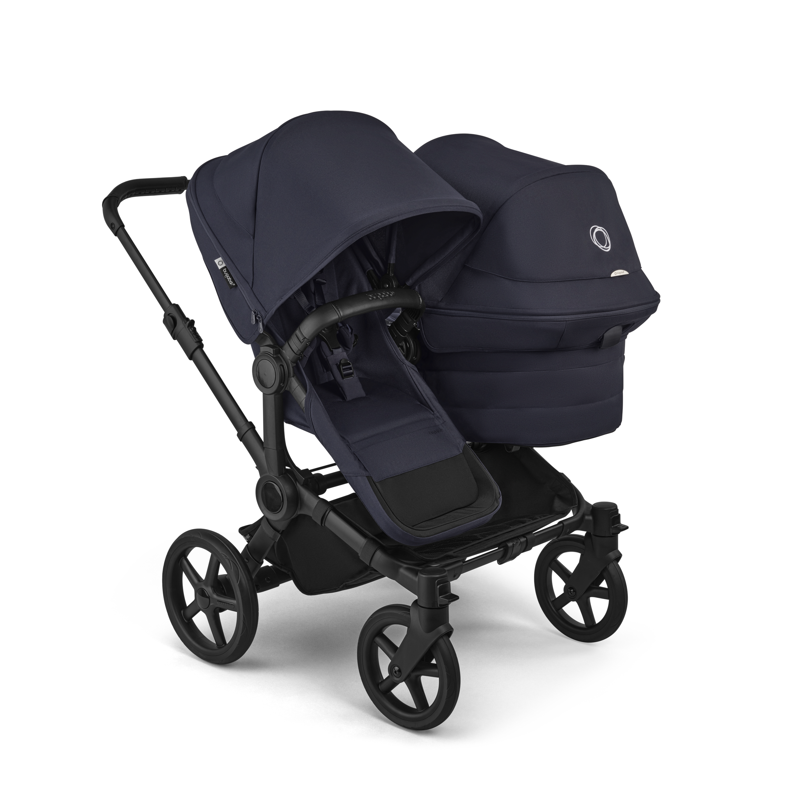 Bugaboo Donkey 6 double stroller black base, deep indigo fabrics, deep indigo sun canopy view 1 - Thumbnail Slide 1 of 10