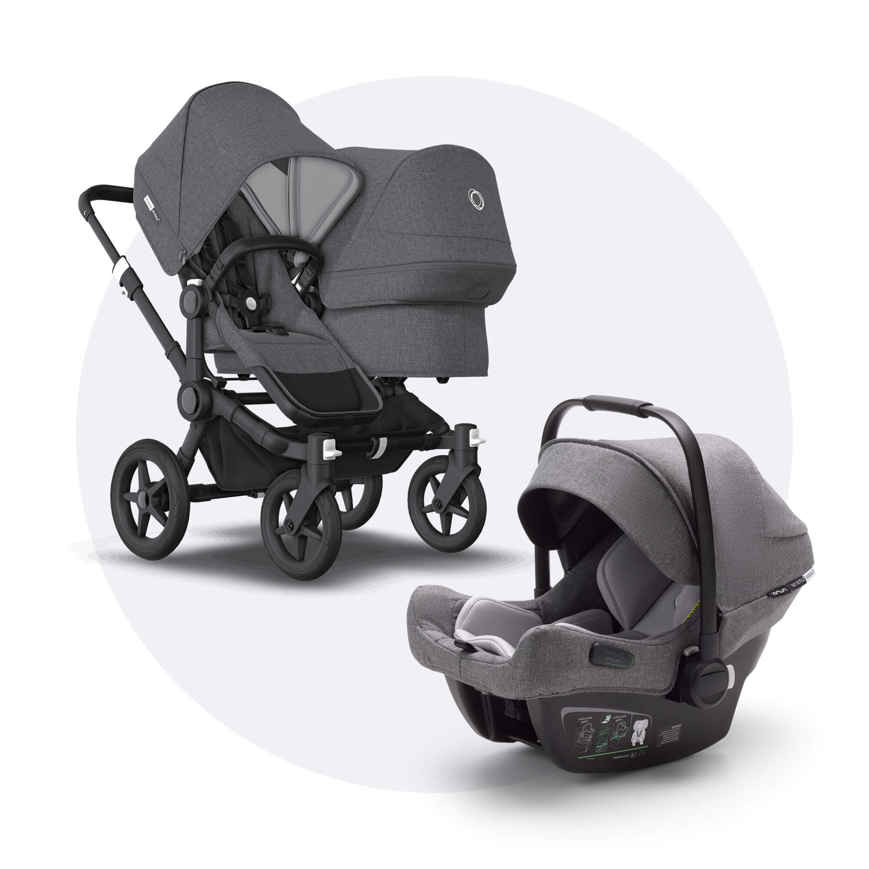 Bugaboo Donkey 3 Duo travel system grey melange sun canopy, grey melange fabrics, black base - Main Modal Image Slide 1 of 14